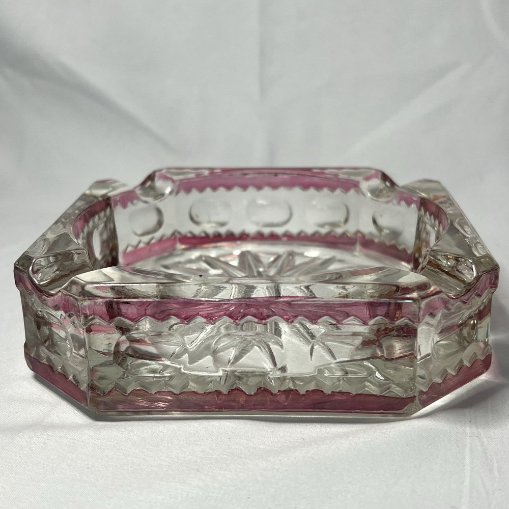 Vintage Square Pink Cut Crystal Glass Ashtray Ruby Flashed Tiffin King Bohemian
